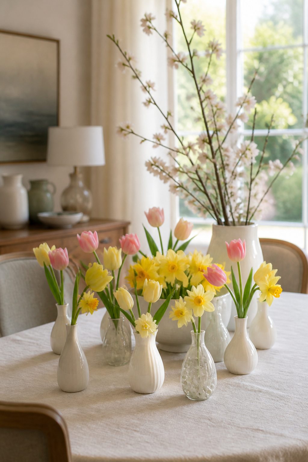 Tulips and daffodils in bud vases on a spring table.