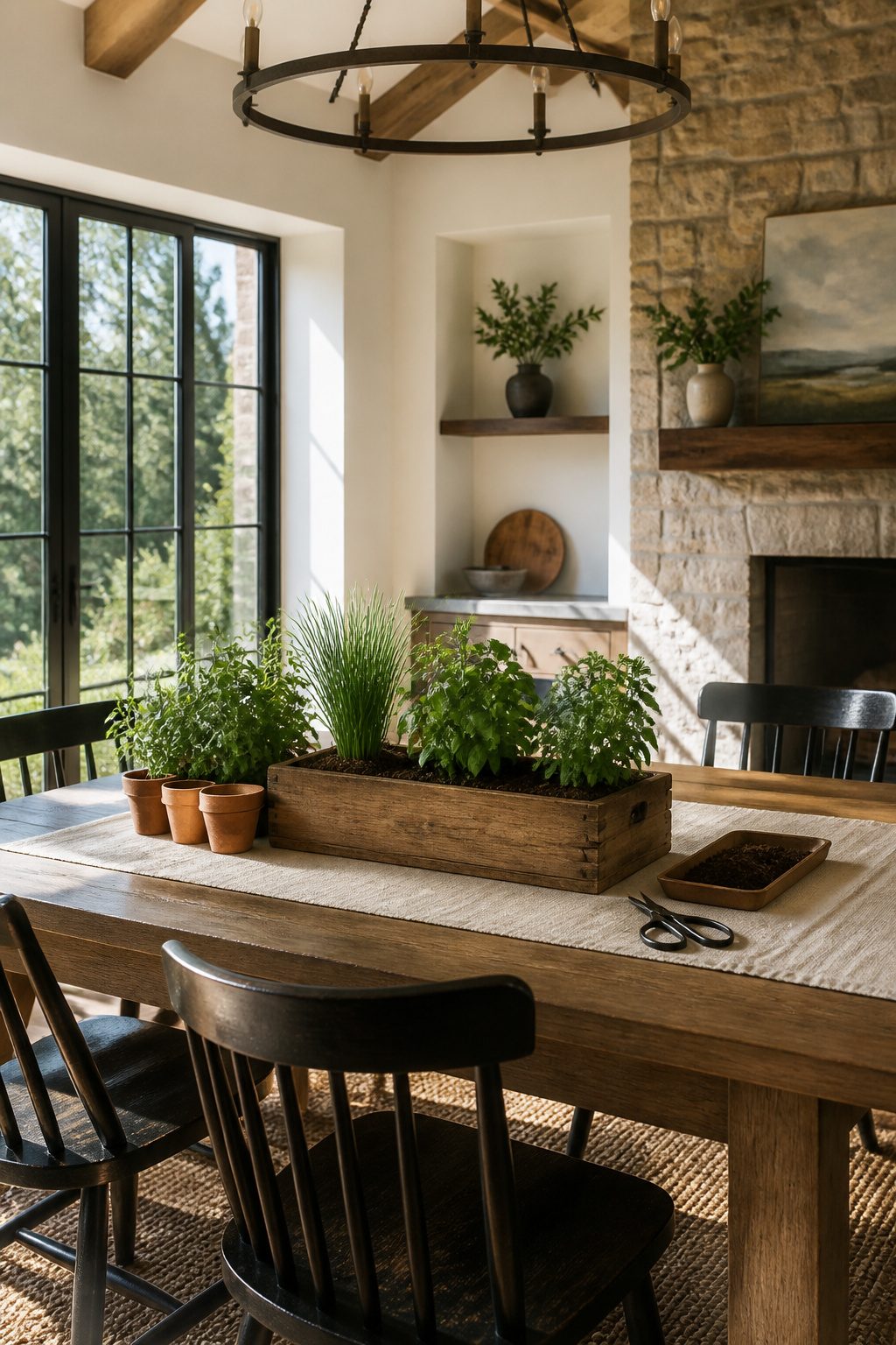 Small herb garden in a wooden planter box on a table.
