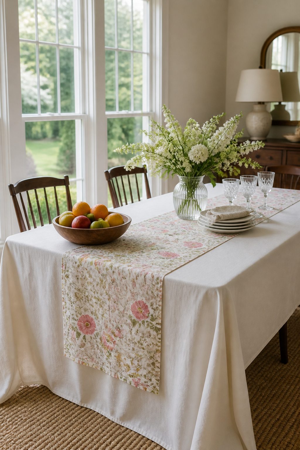 Dining table with a cream tablecloth and pastel floral runner.