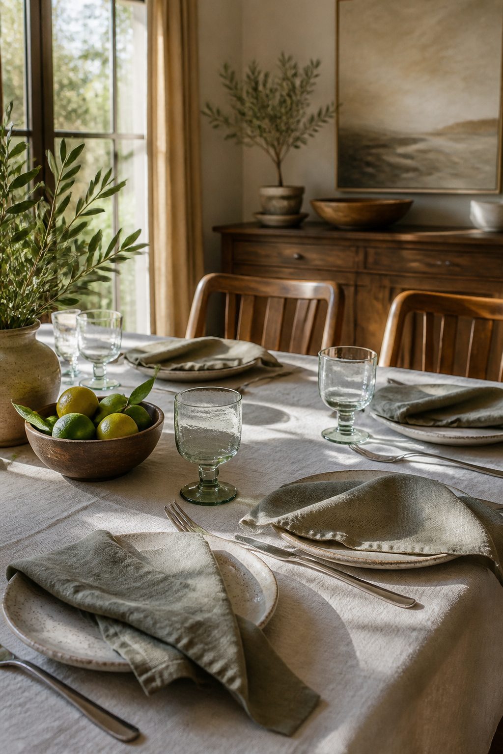Cotton tablecloth with linen napkins on a dining table.
