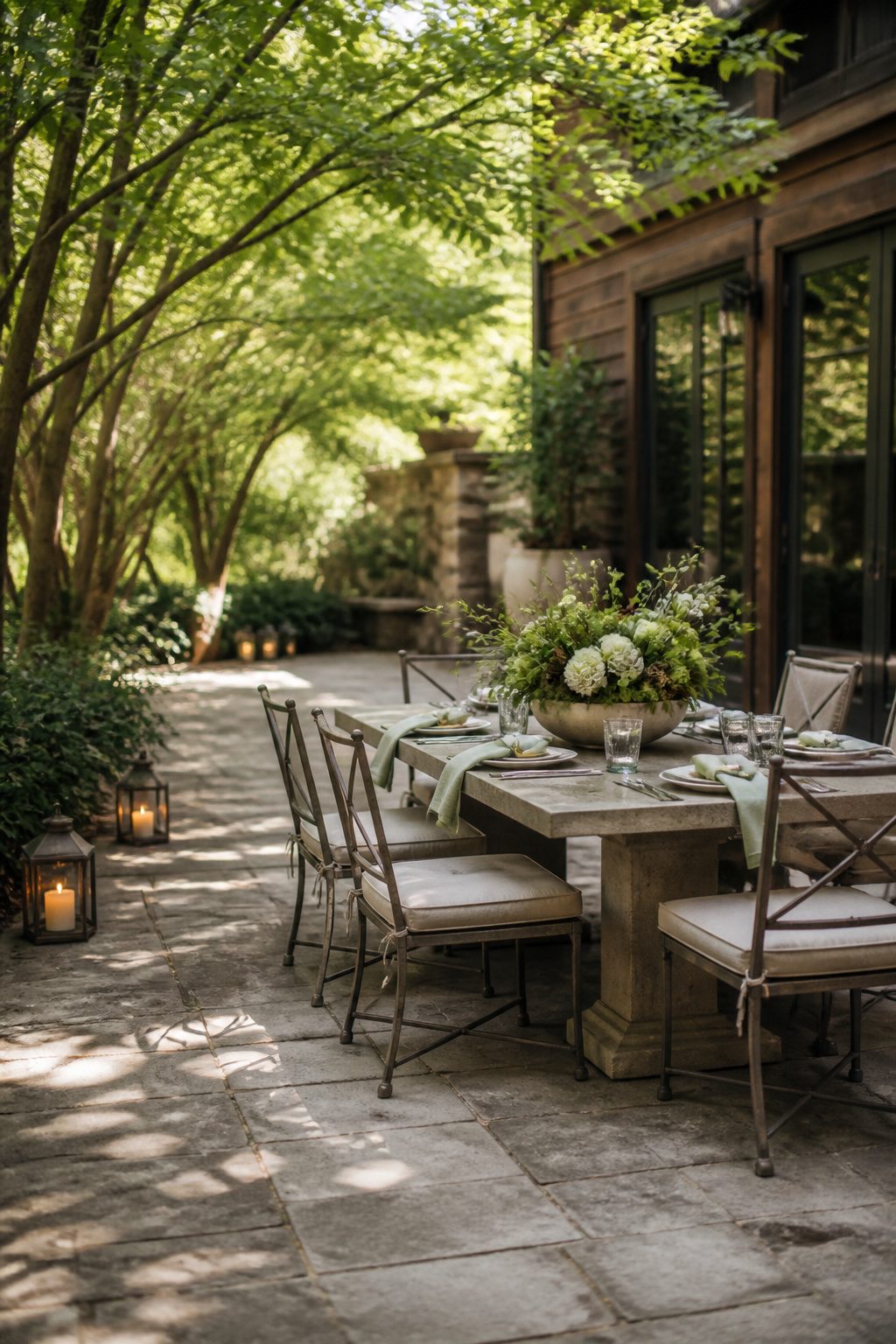 Outdoor table with shallow bowl holding flowers.