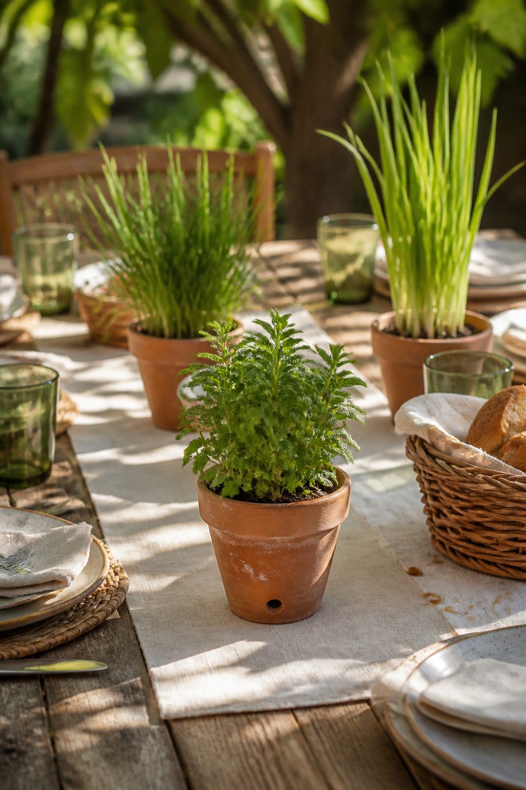 Mini potted herbs in terracotta pots on a dining table.