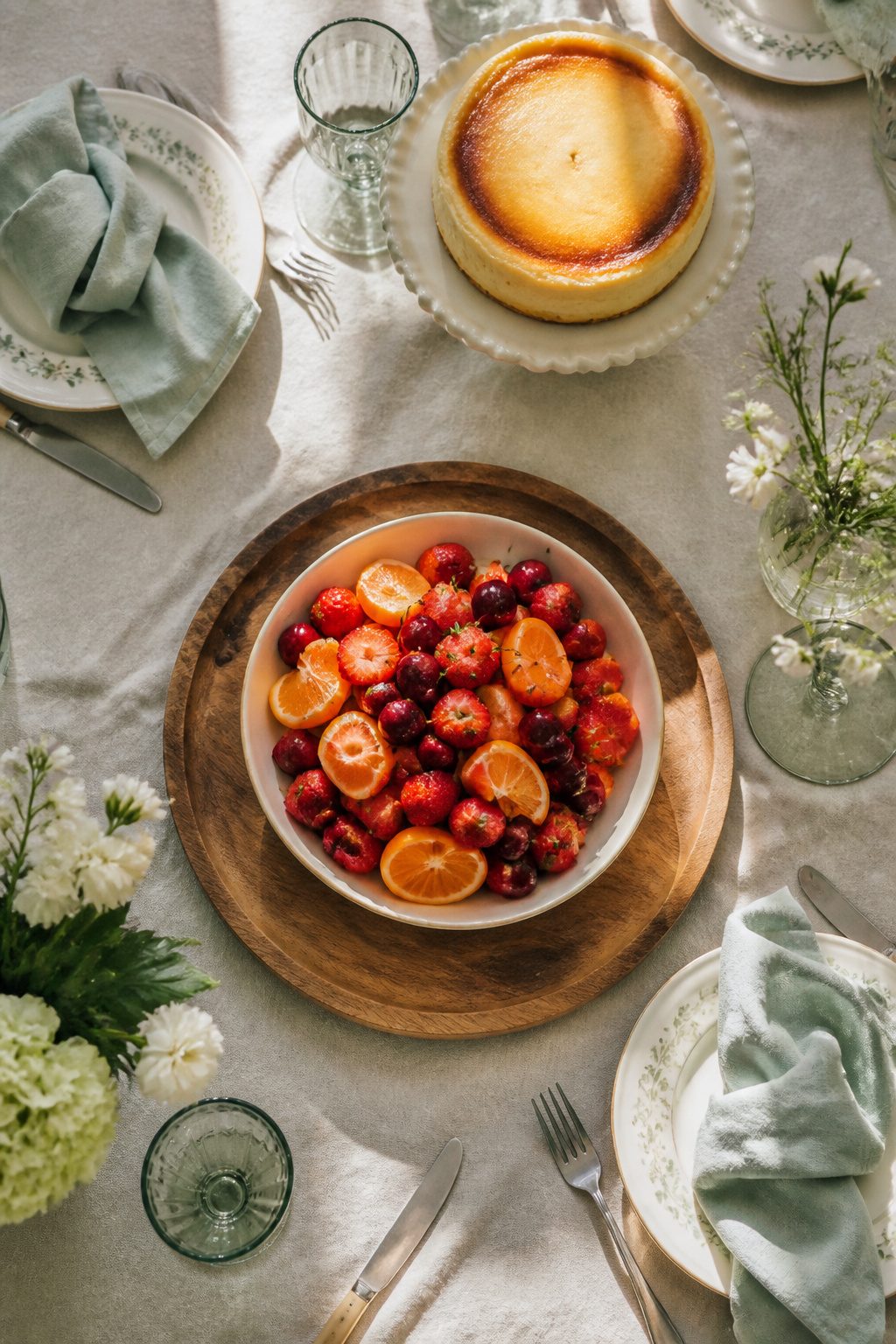 Bowl of strawberries and citrus fruits on a dining table.