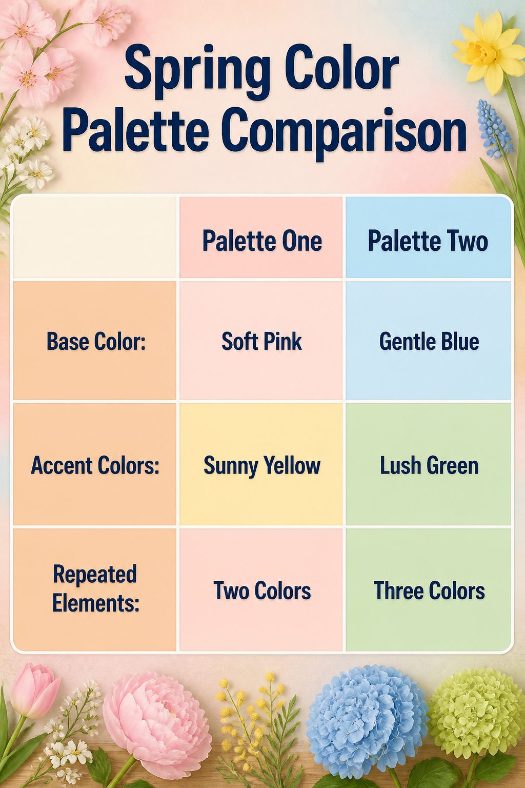 Spring color palette featuring soft pinks and blues.