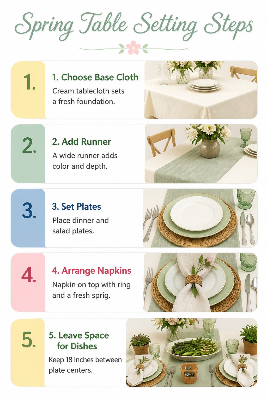 Spring table setting demonstrating proper centerpiece height.