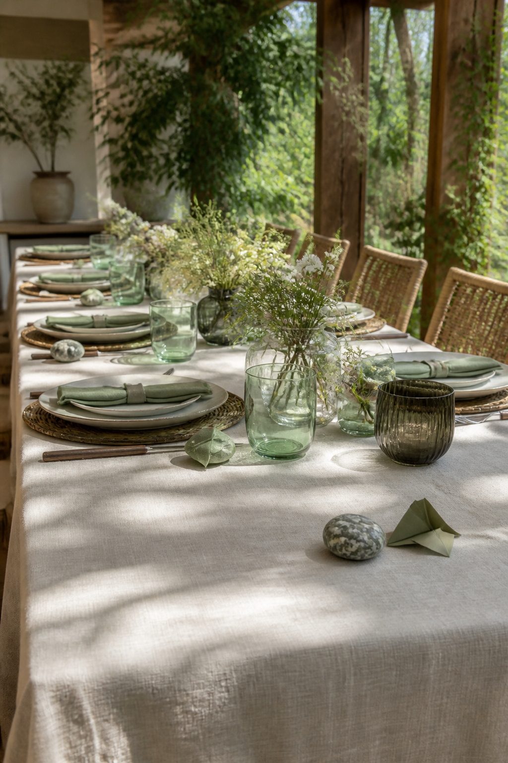 Natural stone and folded-paper frog beside a placemat.
