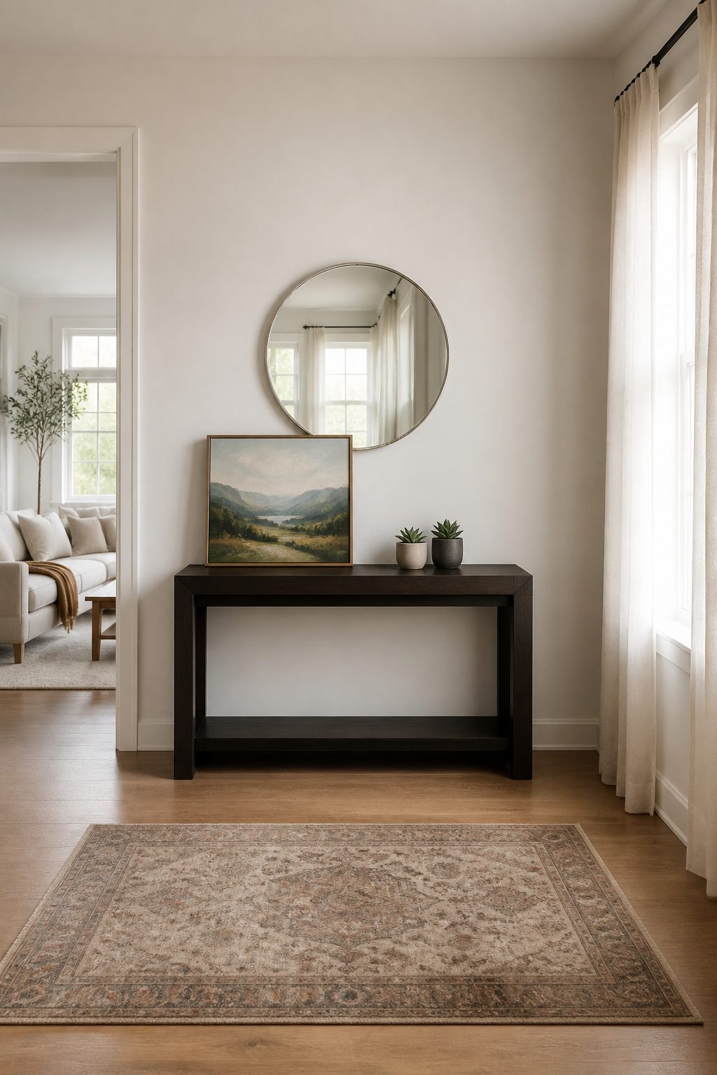 A round mirror positioned above a console table.