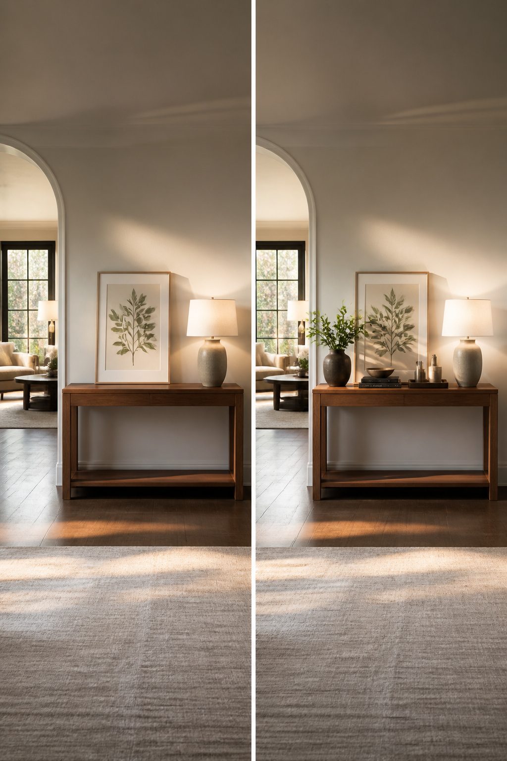 A person examining a console table from a distance.