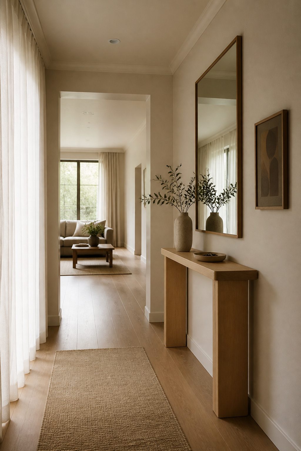A slim console table in a narrow entryway with vertical decor.