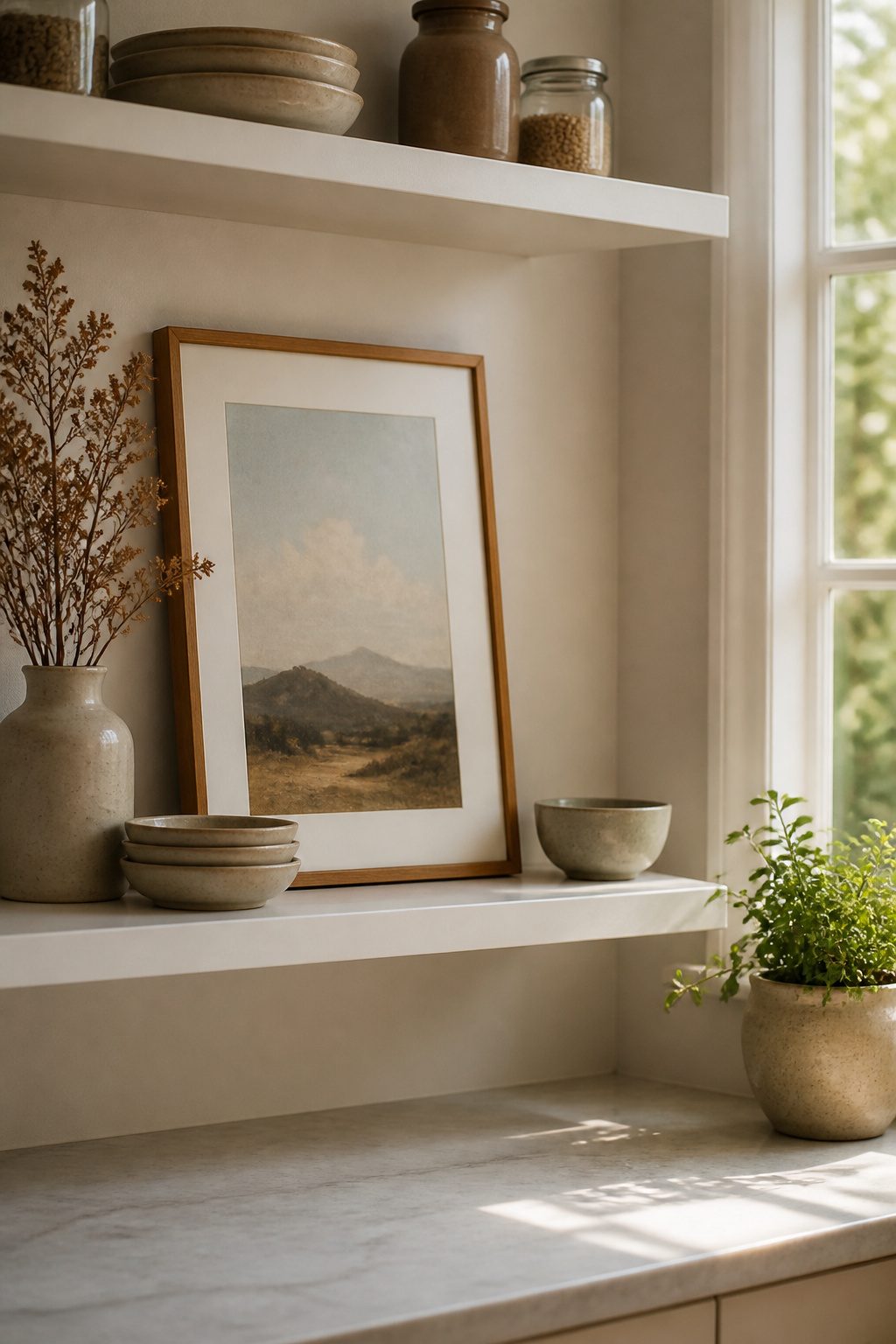 Open kitchen shelf featuring a framed print alongside kitchenware.