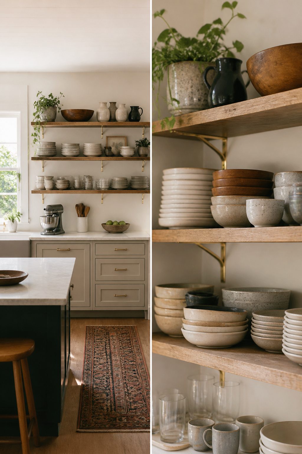 Open kitchen shelf showcasing a mix of functional and decorative items.