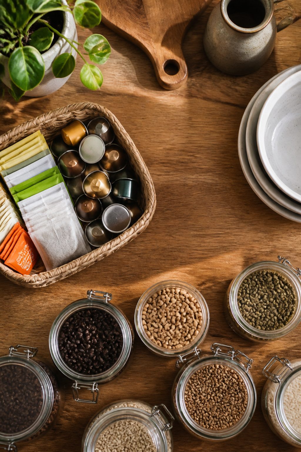 Open kitchen shelf with woven baskets and clear canisters for organization.