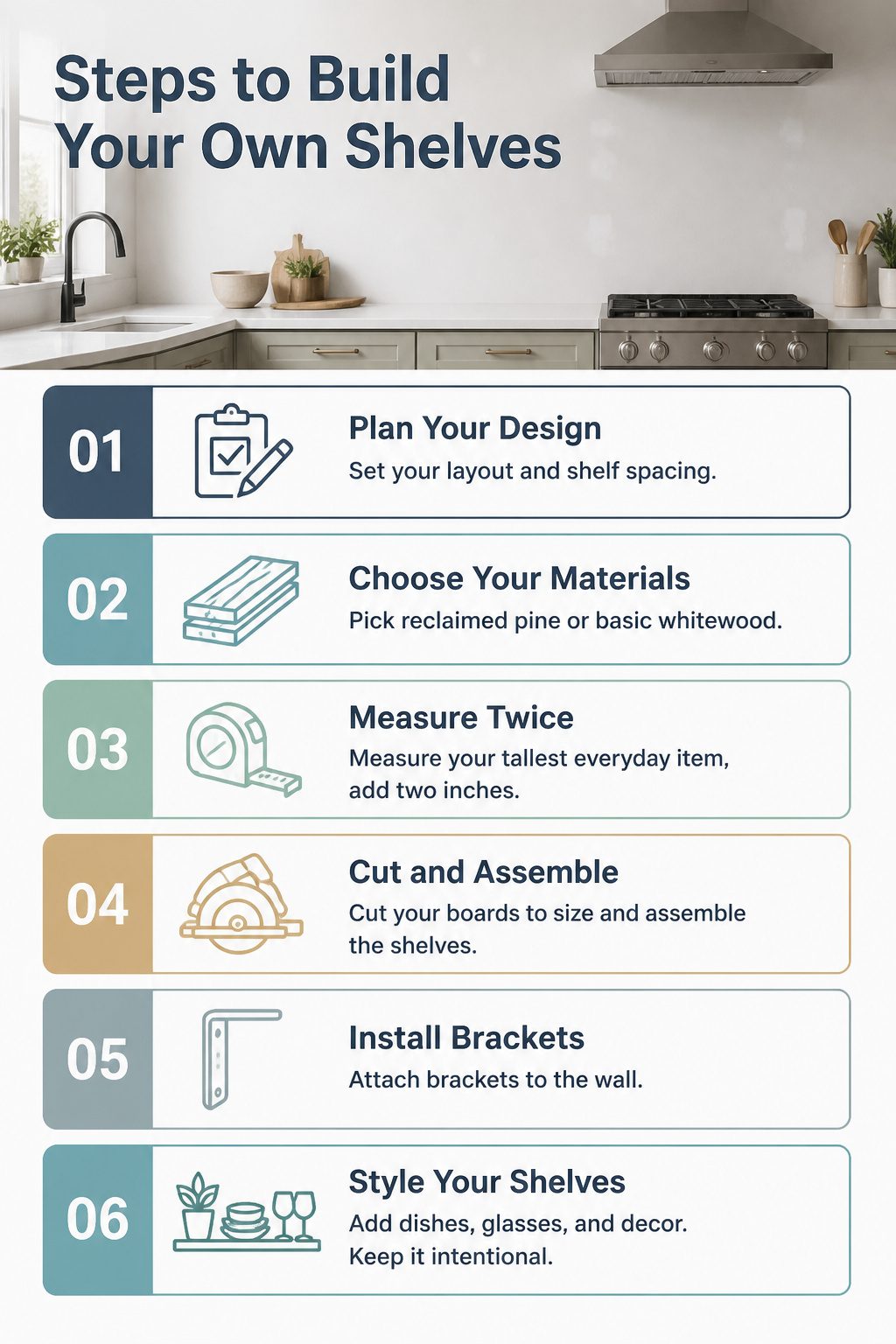 Instructions for building custom kitchen shelves for better styling.