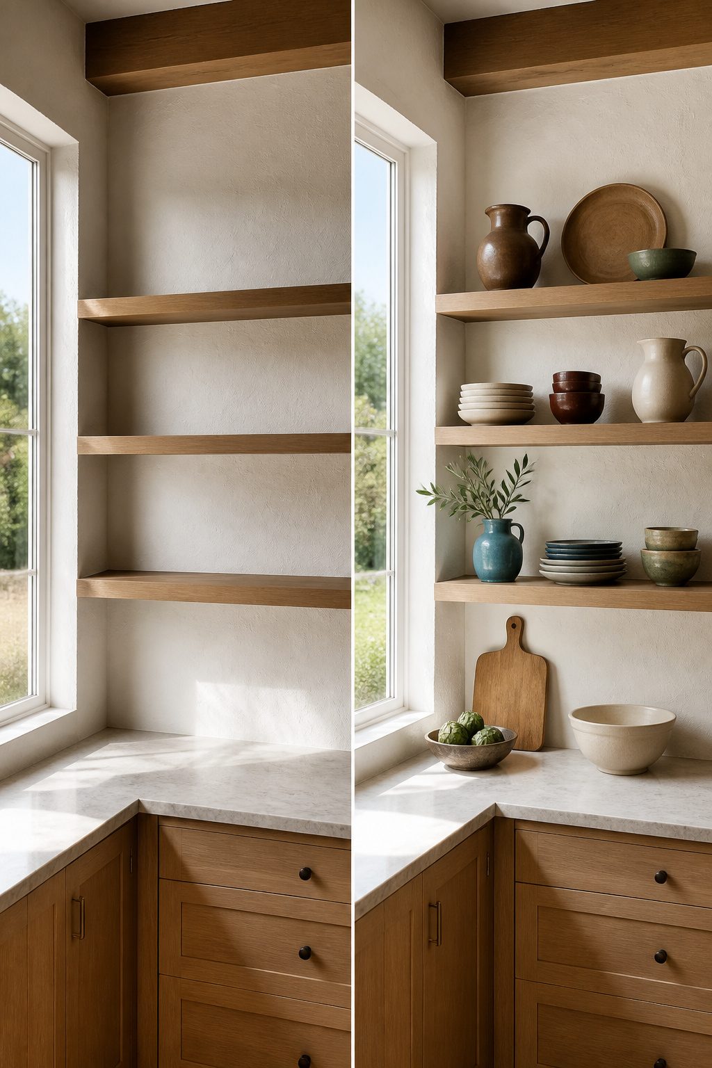 Open kitchen shelf featuring a unified color palette of browns and greens.