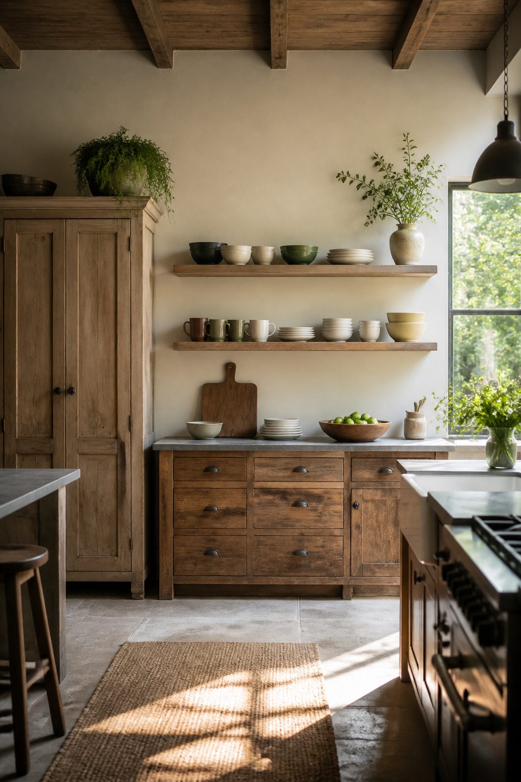 Open kitchen shelf displaying practical items like everyday plates and mugs.