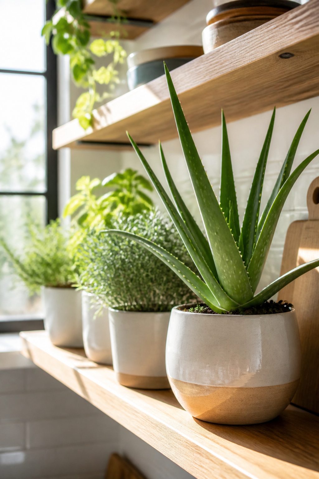 Open kitchen shelf with potted plants and fresh herbs placed strategically.