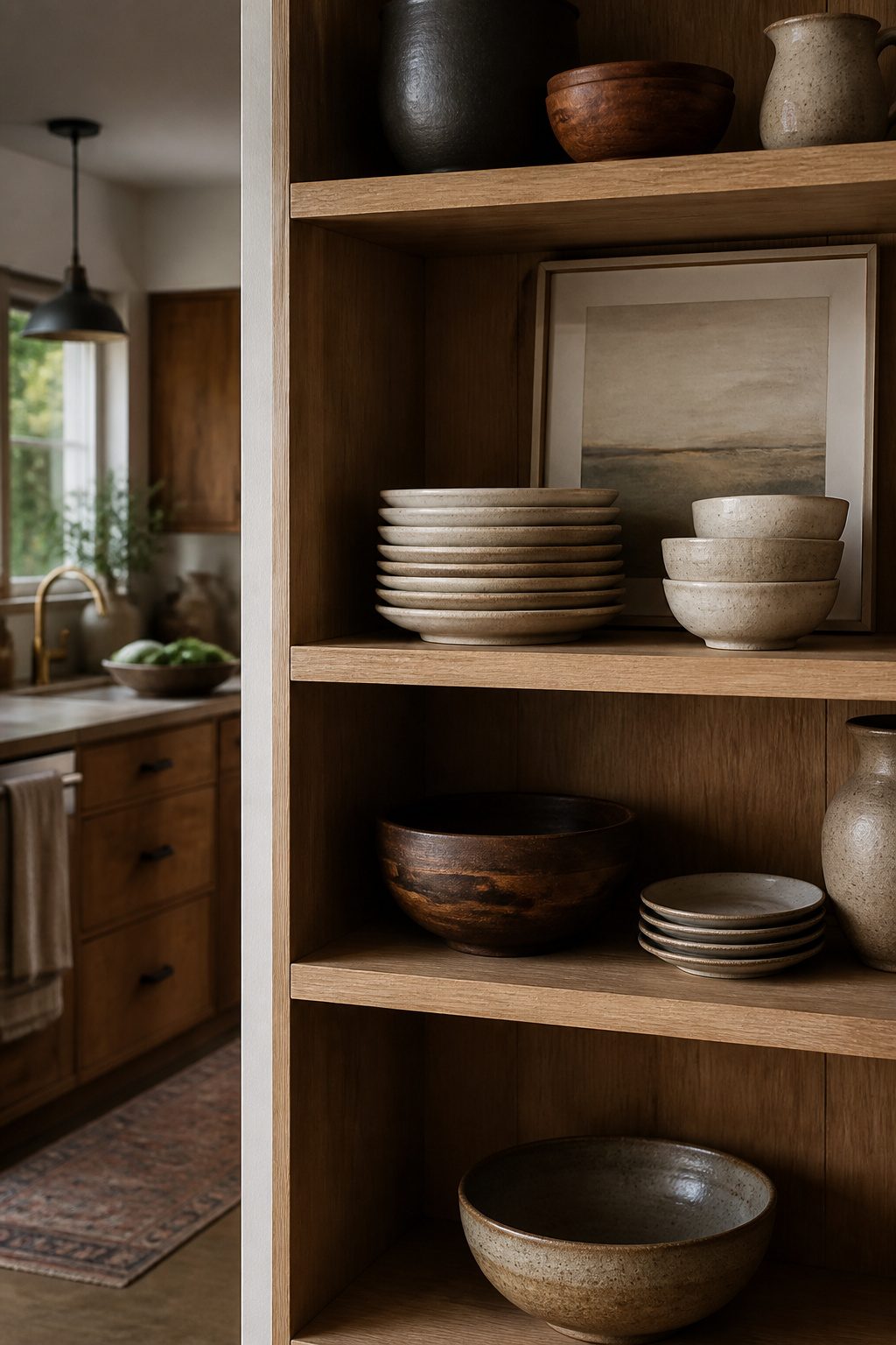 Artfully arranged kitchen shelf with stacked plates and bowls.