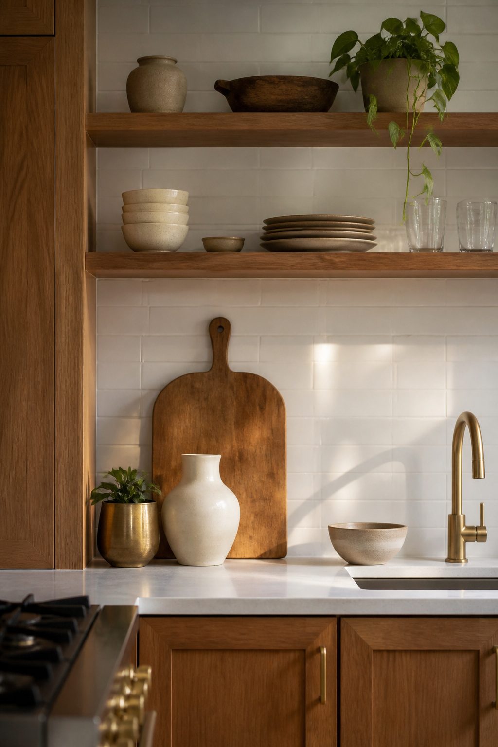 Open kitchen shelf with wood, ceramic, and metal items arranged thoughtfully.