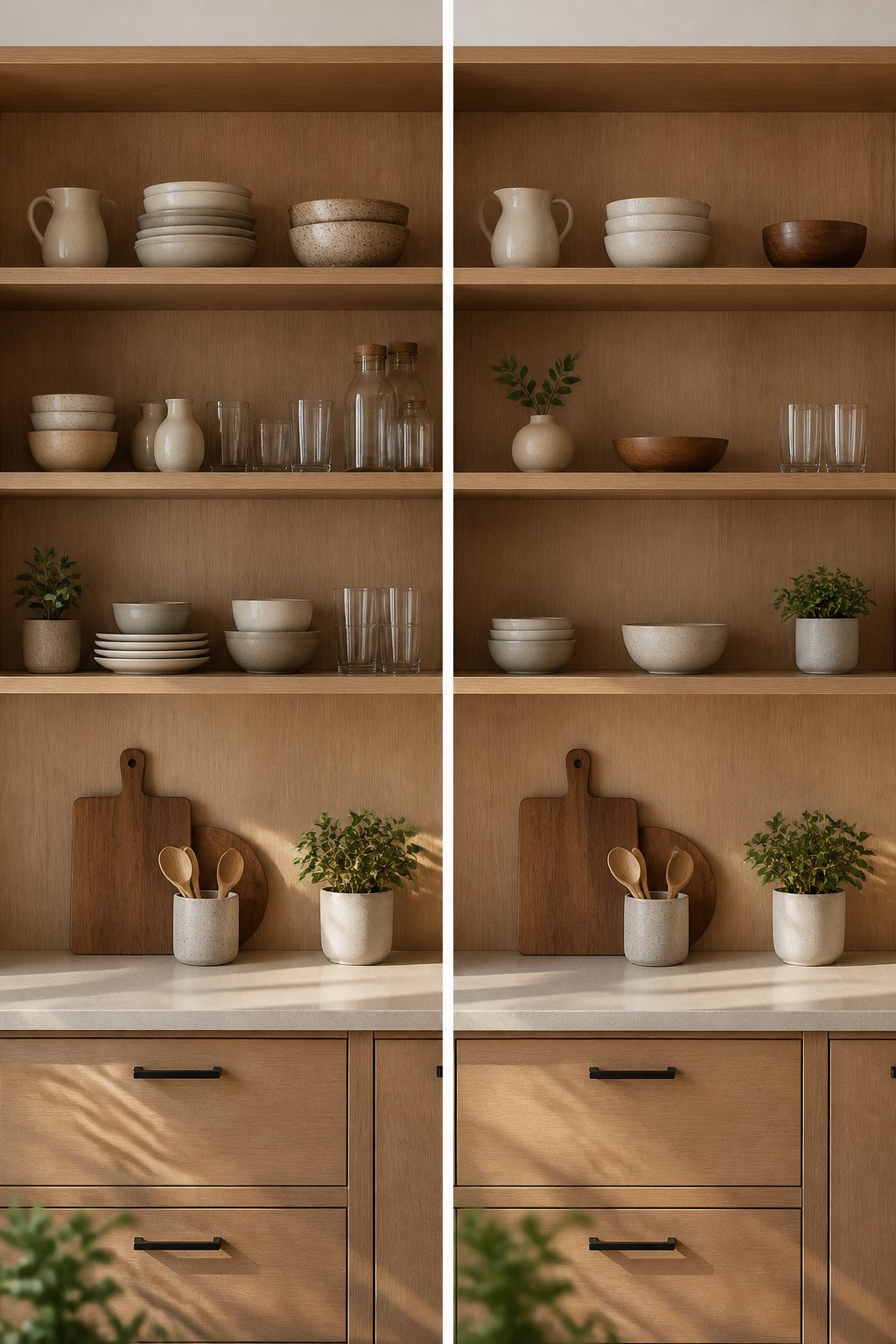 Open kitchen shelf with items grouped in clusters for better organization.