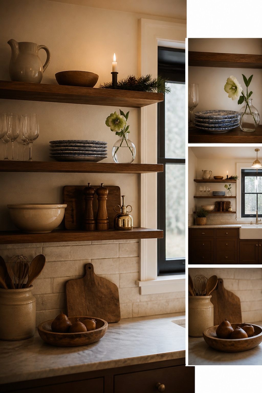Open kitchen shelf updated with seasonal decor and everyday items.