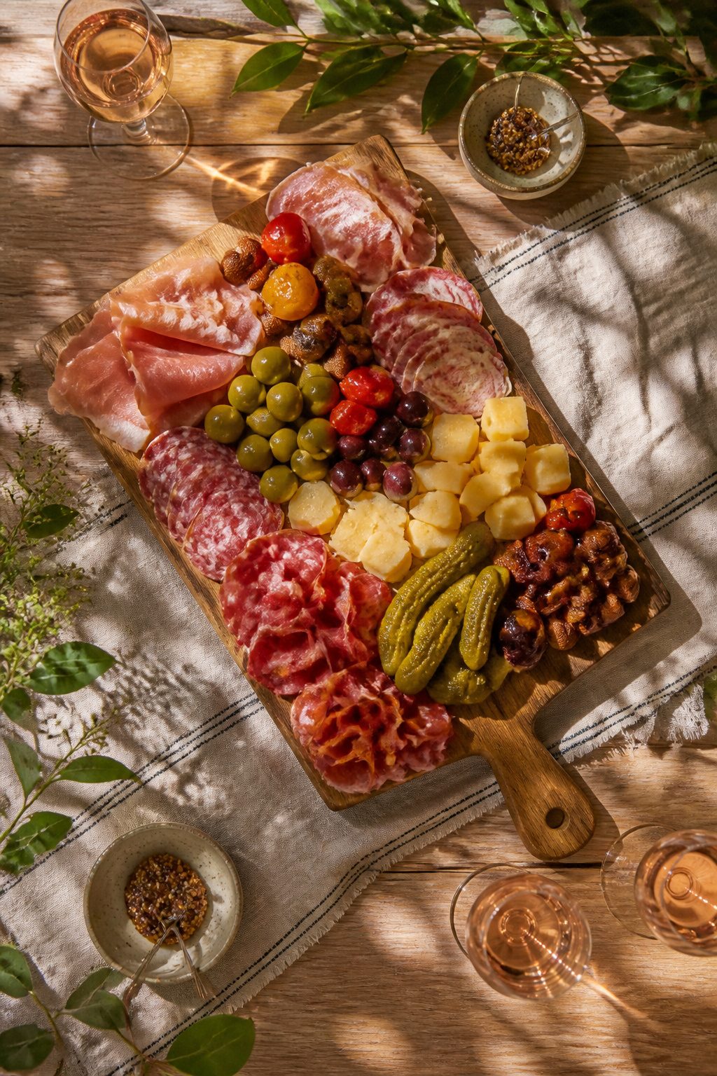 A charcuterie board featuring prosciutto, cheese, and cornichons.