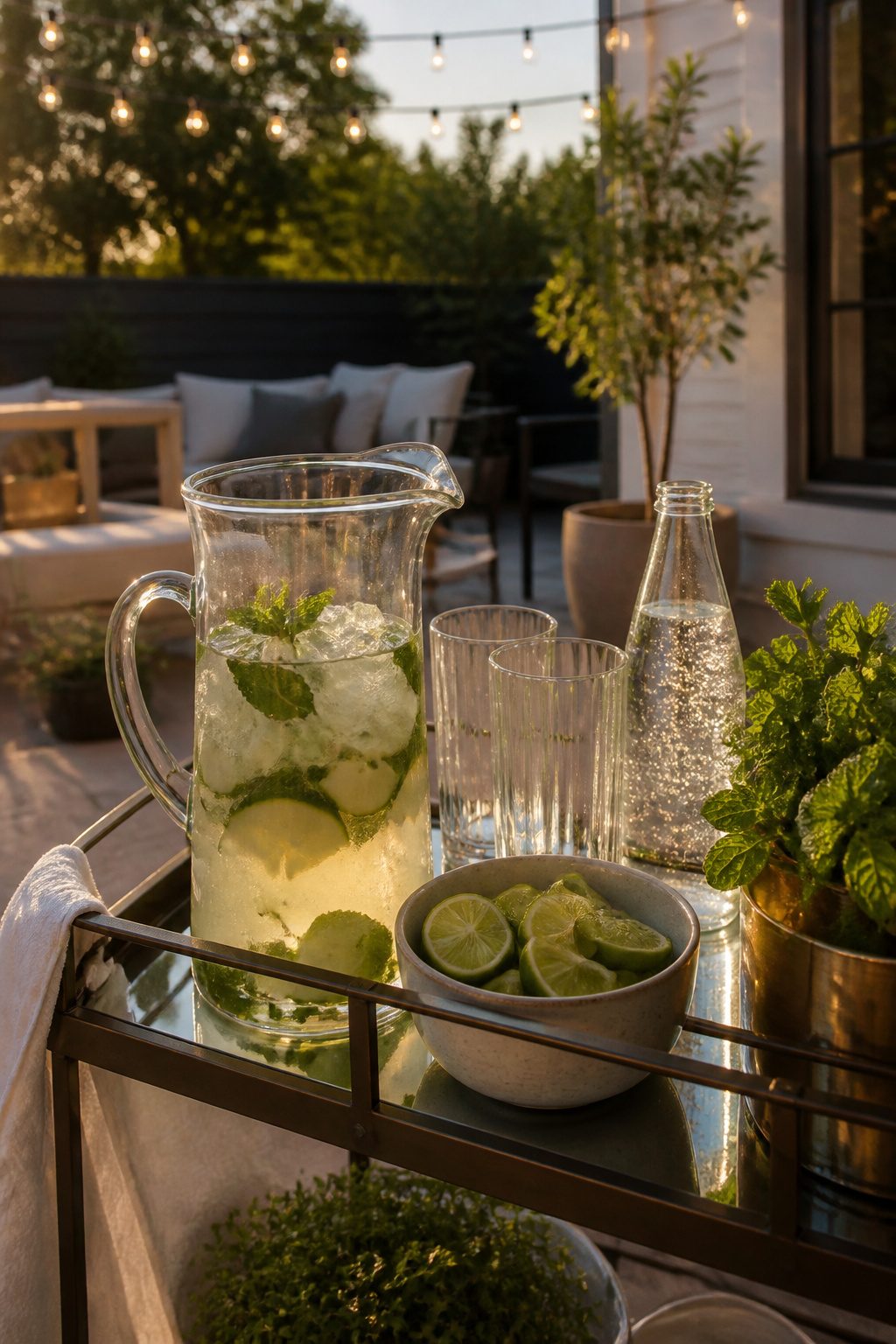 A glass pitcher of coconut mojito with mint and lime.