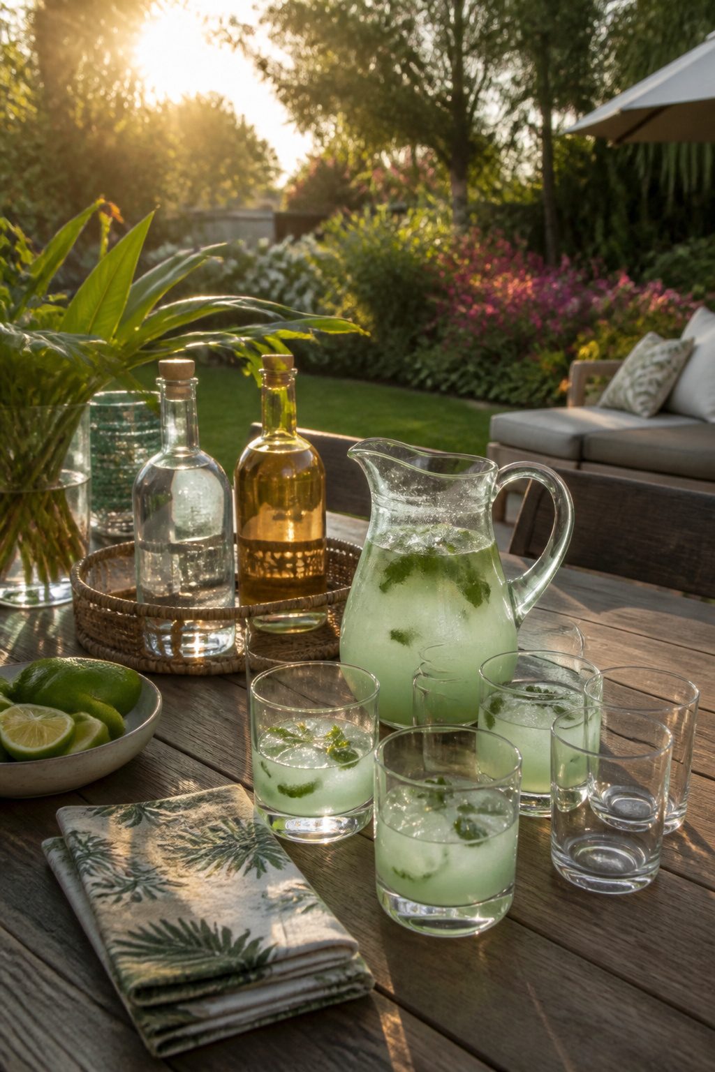 A pitcher of coconut mojito with bottles of rum and tequila.