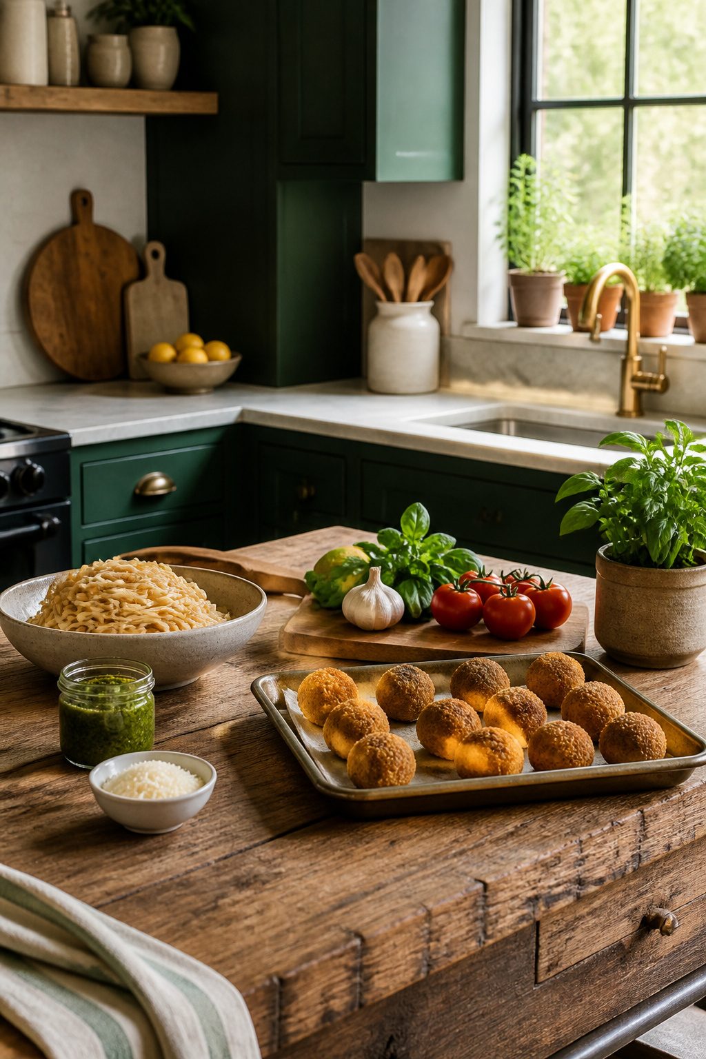 Trader Joe's frozen arancini and fresh pasta on a kitchen island.