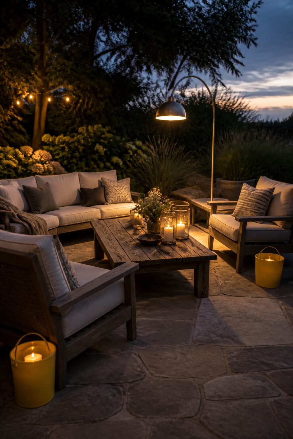 A patio scene with a floor lamp and candles.