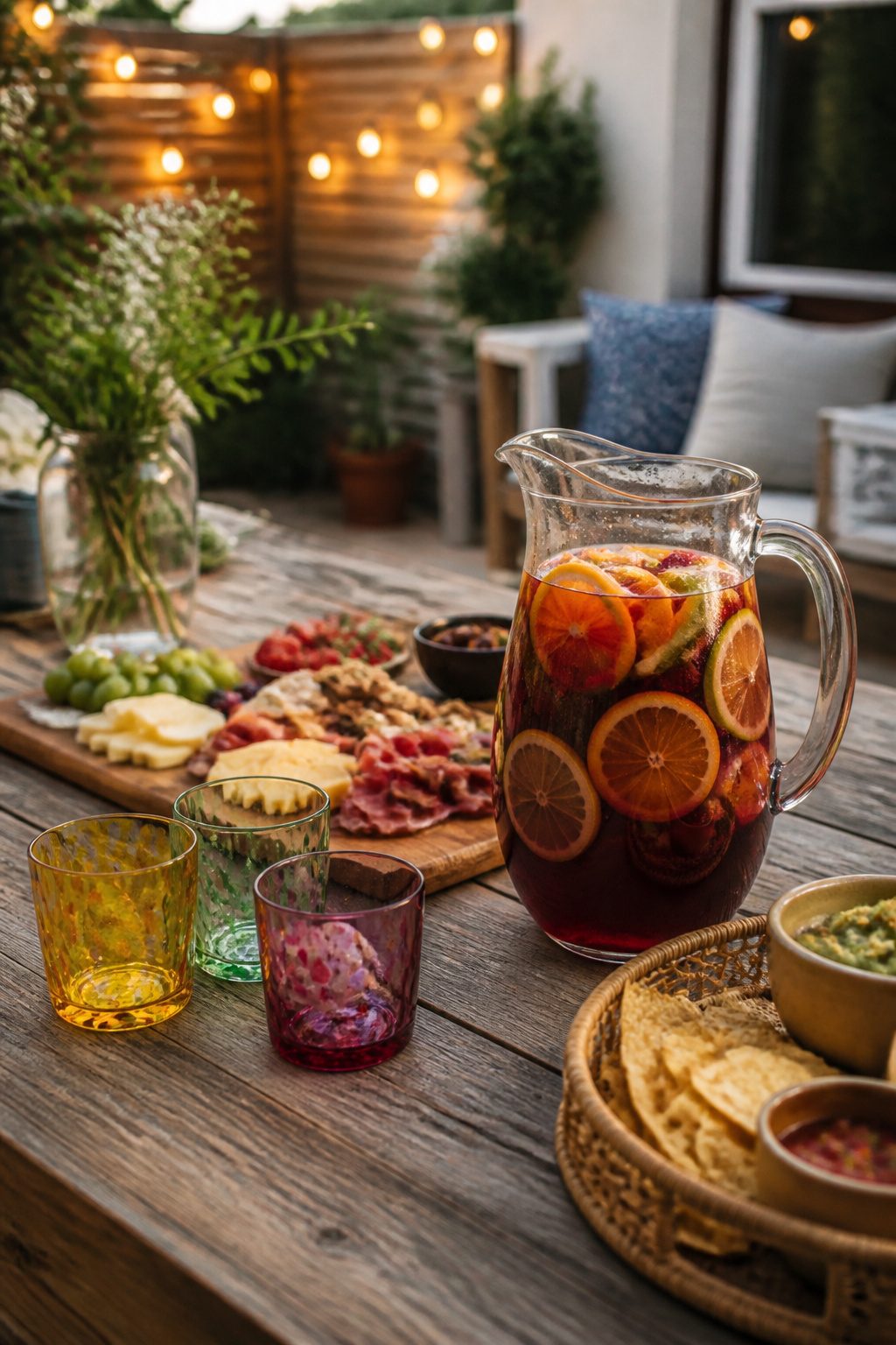 A pitcher of sangria with orange and lemon slices.