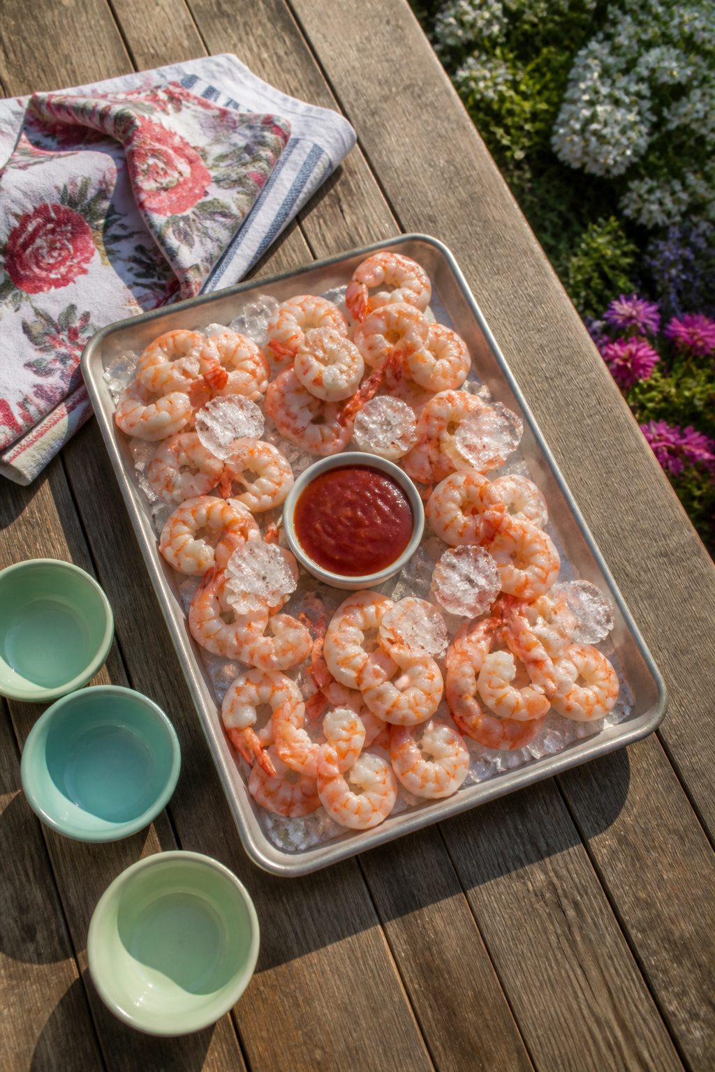 Cooked shrimp on a sheet pan with ice and cocktail sauce.
