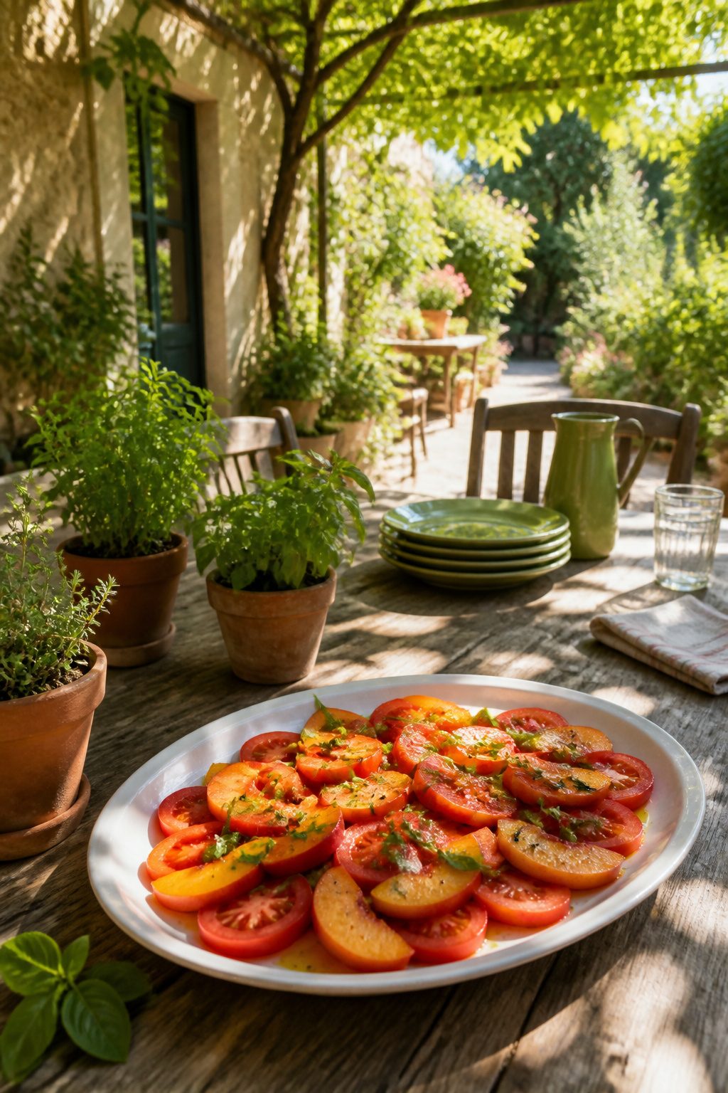 A platter of tomato and peach salad drizzled with olive oil.