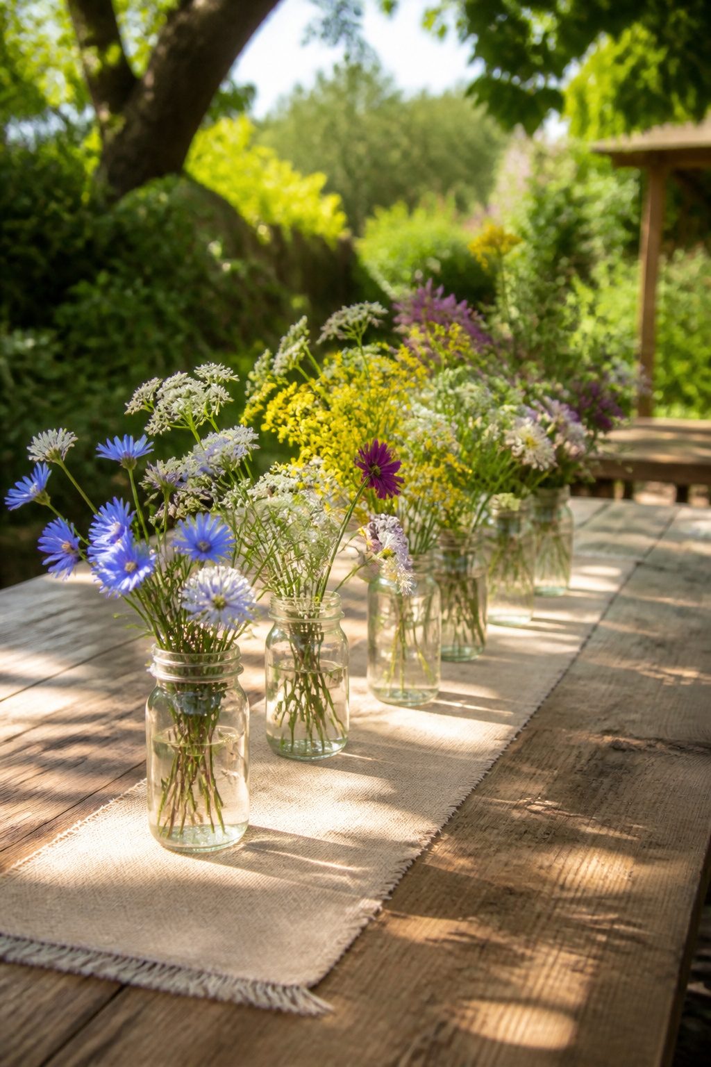 Assorted mason jars with colorful wildflowers.