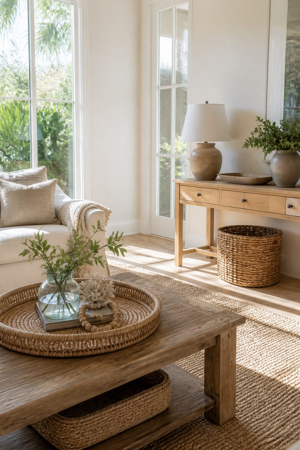 10 Summer Home Decor Inspiration Ideas for Easy Warm-Weather Style 4 A coffee table with a rattan tray and greenery.