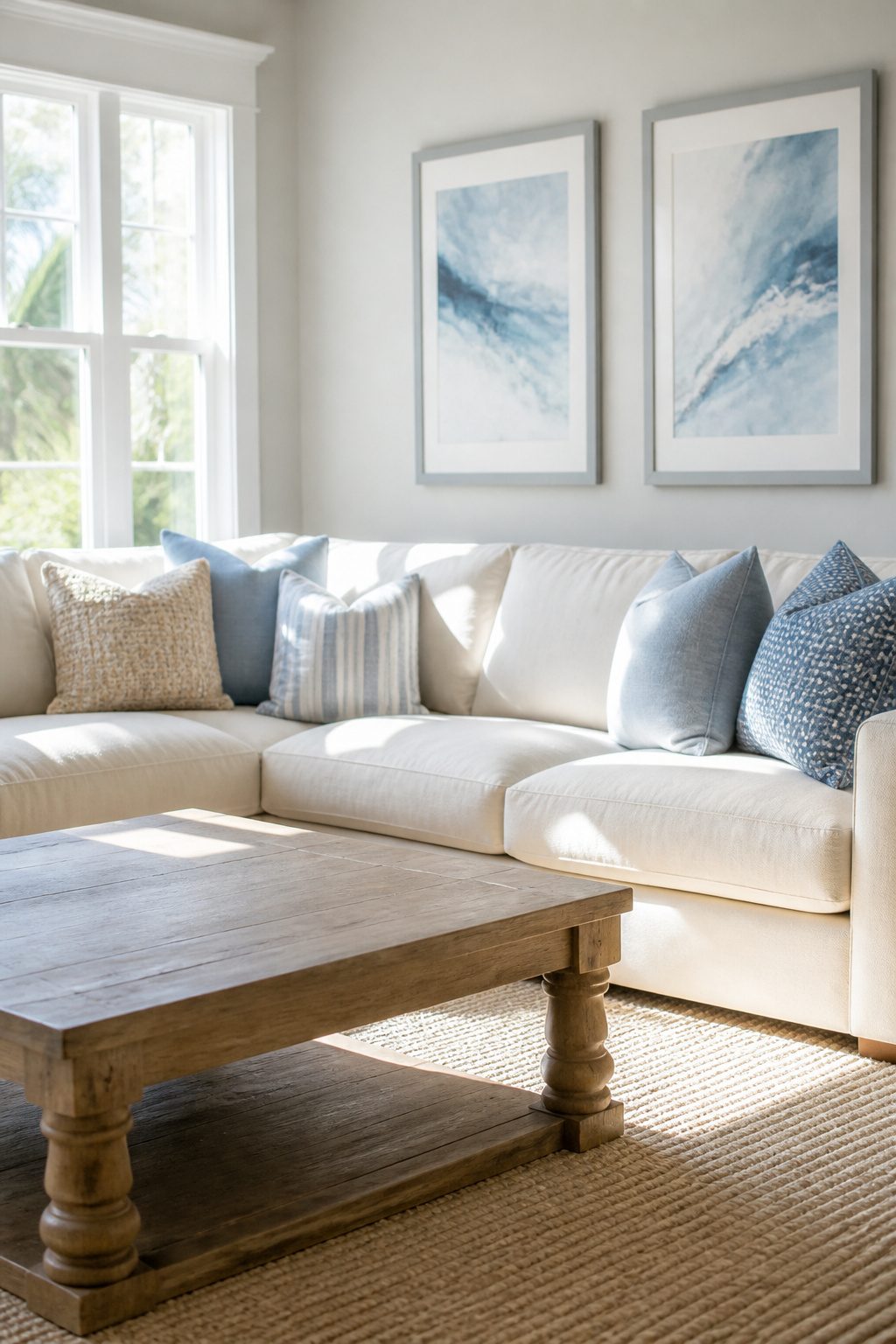 10 Summer Home Decor Inspiration Ideas for Easy Warm-Weather Style 6 Abstract artwork in soft blue-gray frames on living room walls.