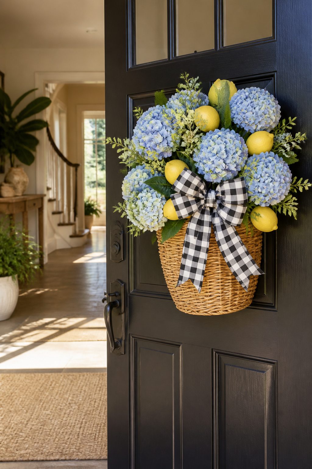 10 Summer Home Decor Inspiration Ideas for Easy Warm-Weather Style 3 A colorful front door wreath made of faux hydrangeas and fern.