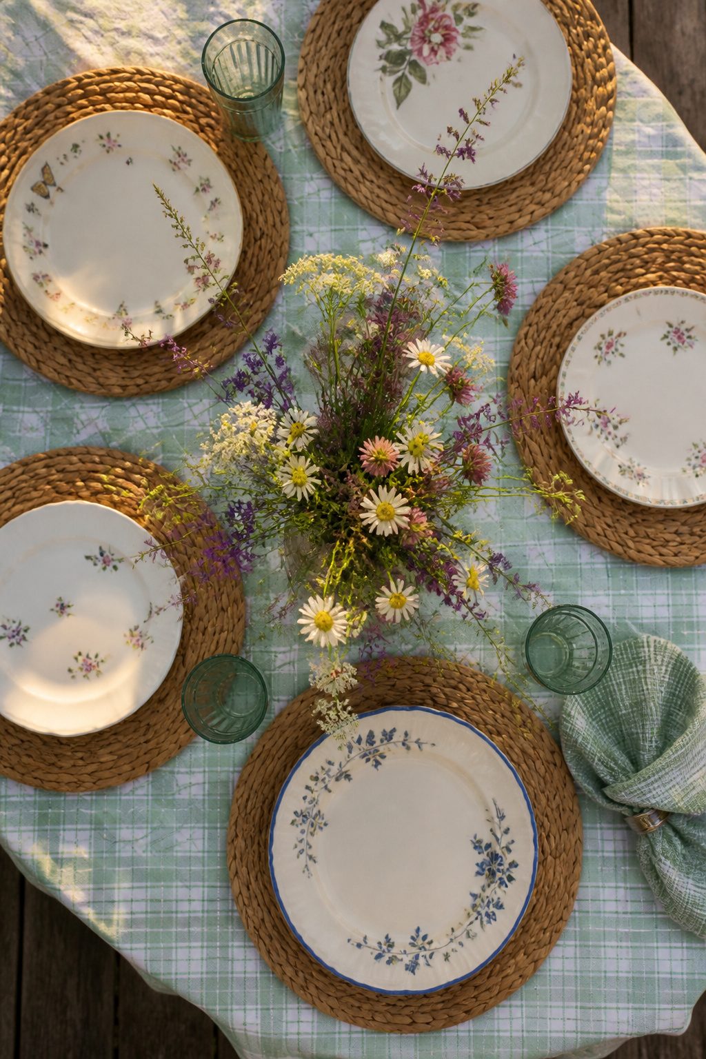 10 Summer Home Decor Inspiration Ideas for Easy Warm-Weather Style 7 A patio table set with a plaid cloth and wildflowers in a jar.