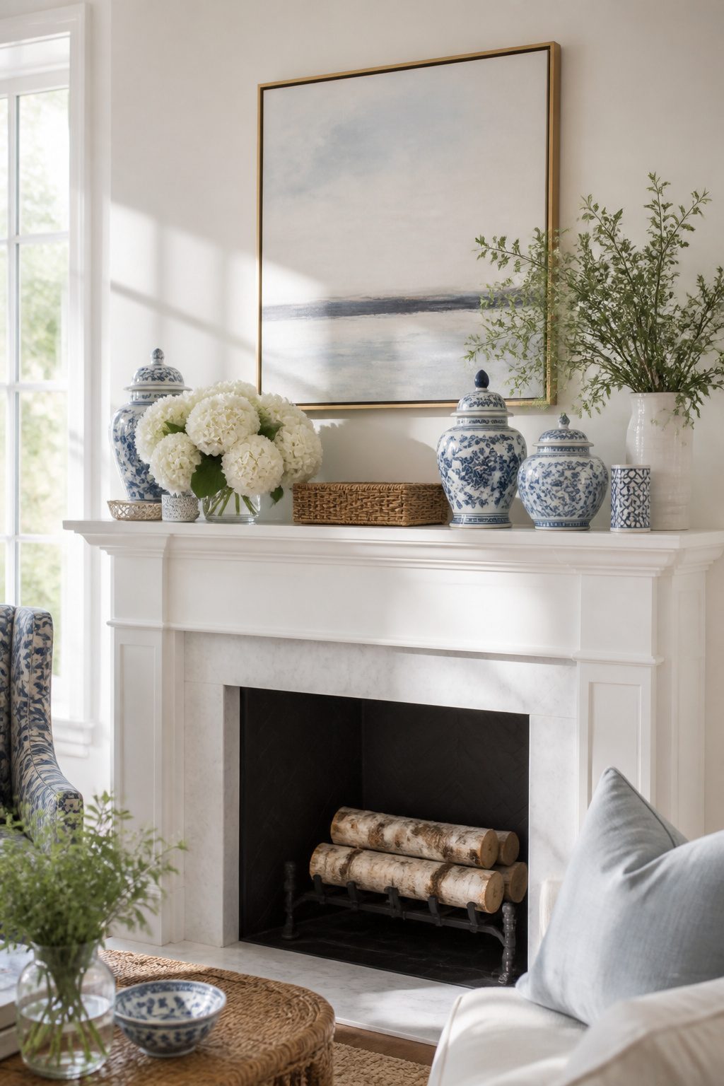 10 Summer Home Decor Inspiration Ideas for Easy Warm-Weather Style 1 A mantel with blue-and-white decor and white hydrangeas.