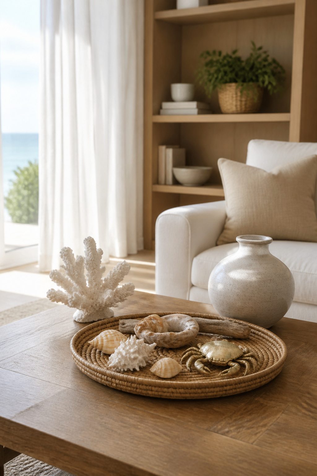 10 Summer Home Decor Inspiration Ideas for Easy Warm-Weather Style 10 A coffee table decorated with shells and driftwood.
