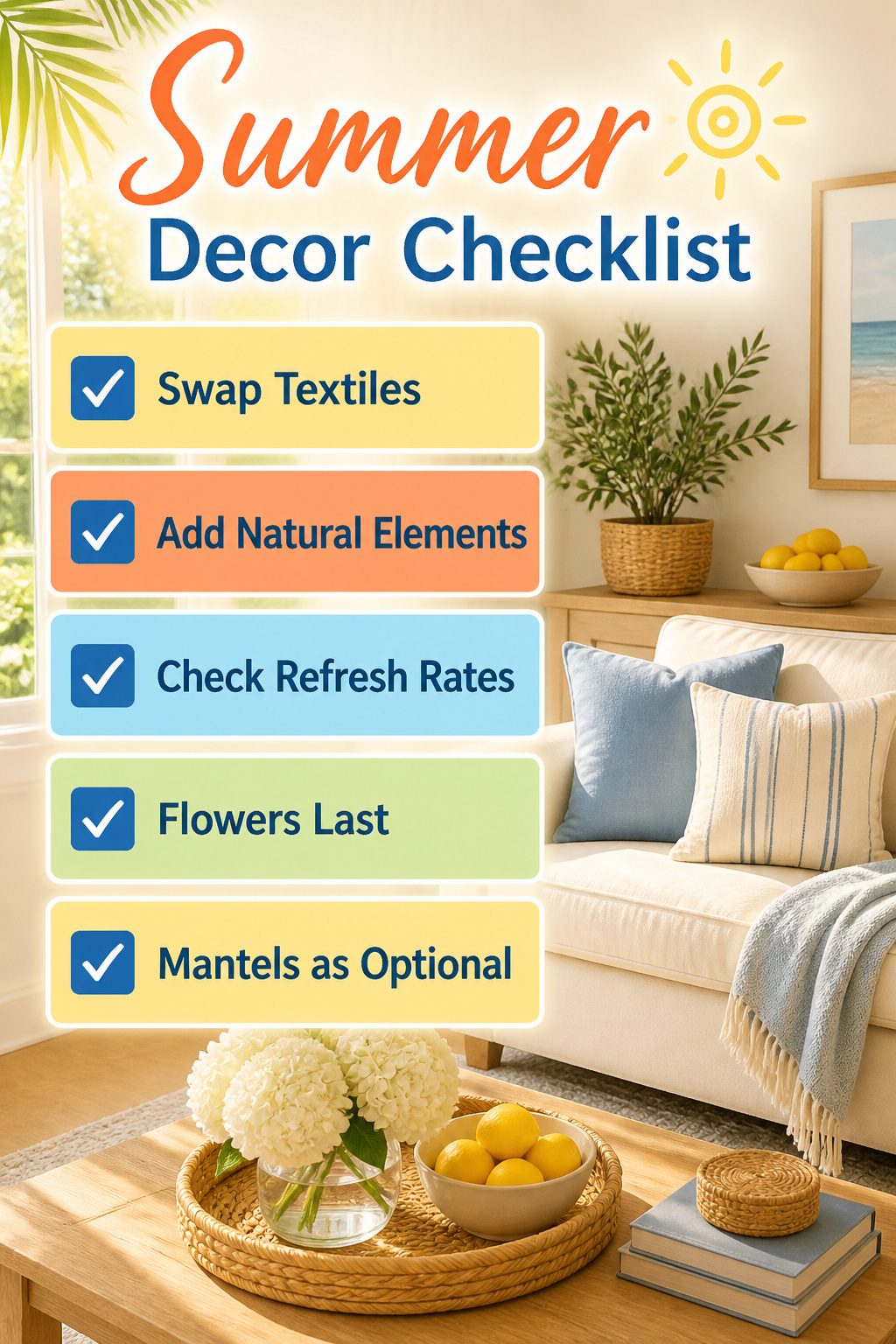 10 Summer Home Decor Inspiration Ideas for Easy Warm-Weather Style 13 A checklist for summer decor changes displayed on a table.