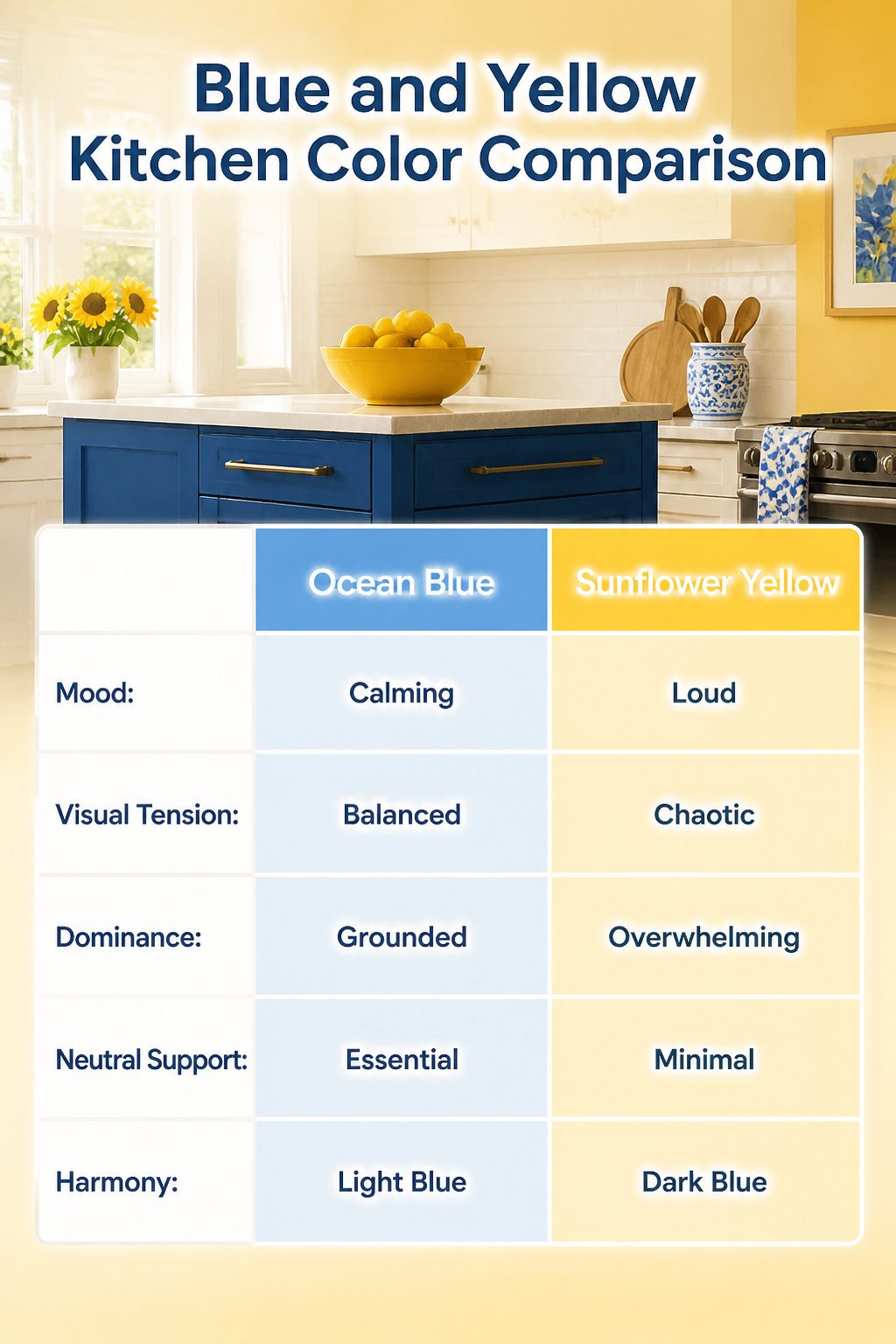 A kitchen featuring blue and yellow color scheme.