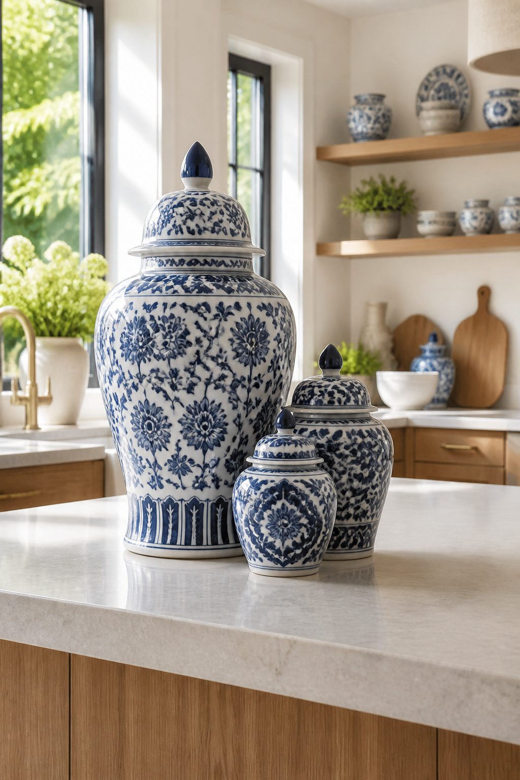 Chinoiserie decor in blue and white displayed in a kitchen.