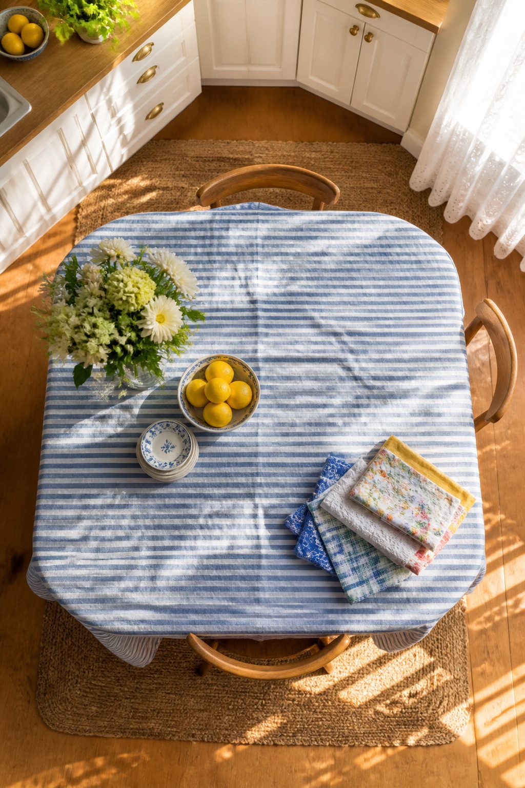 Colorful kitchen linens displayed on a table.