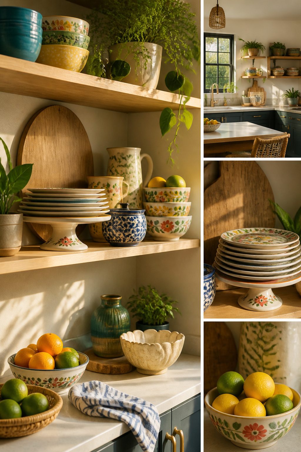 Open shelving with colorful dishware in a kitchen.