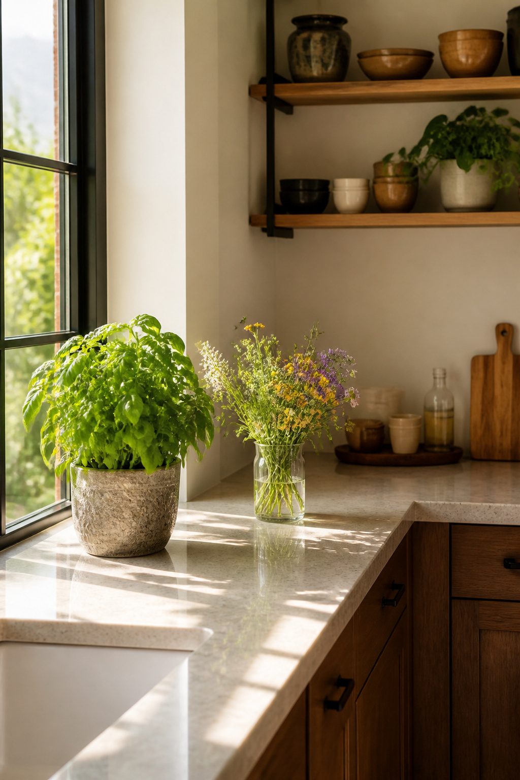 Basil plant and wildflowers on a kitchen windowsill.