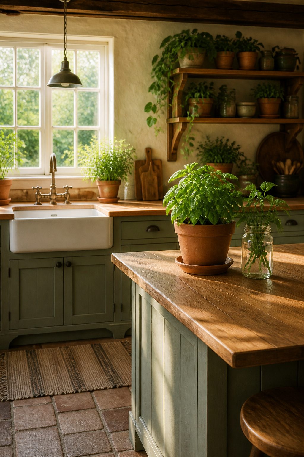 Decorative herb planters filled with fresh herbs on a kitchen counter.