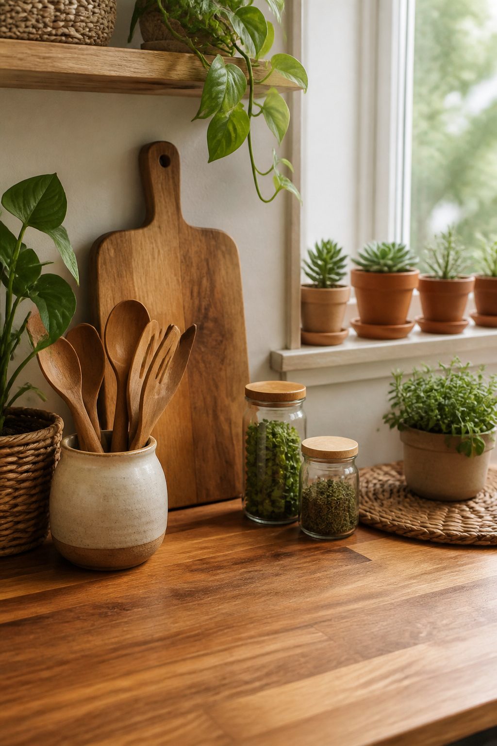 Wooden utensils and potted plants on a kitchen countertop.
