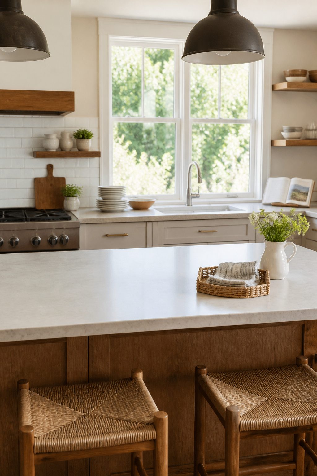 A clear kitchen countertop with minimal summer decor.