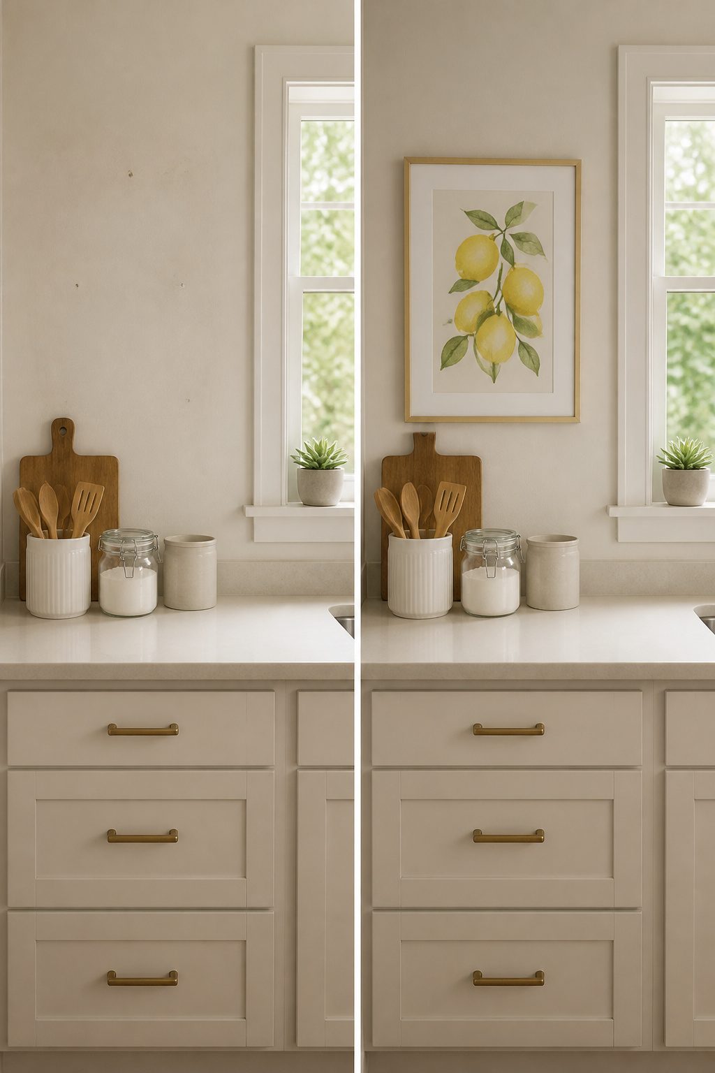 A lemon-themed printable hanging on a kitchen wall.