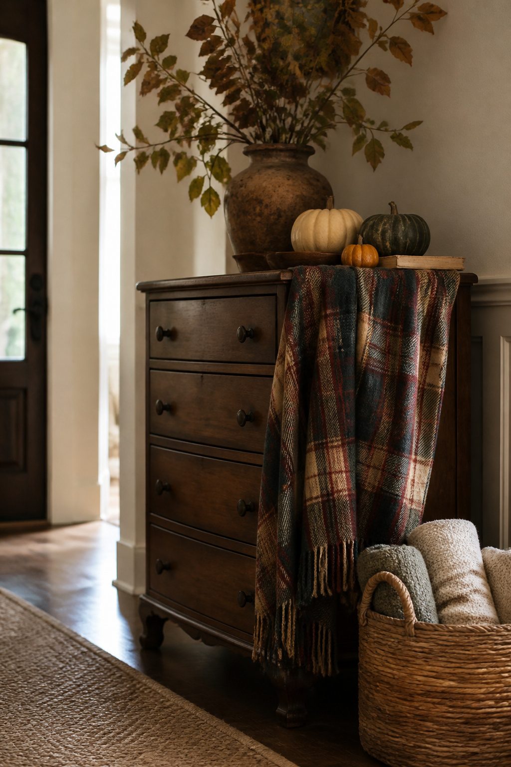 A vintage dresser with a heavy plaid throw and a woven basket.